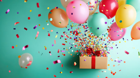 Flat lay of colorful balloons and confetti bursting out of a gift box on a bright background, celebrating a birthday party atmosphere with vibrant colorsの素材