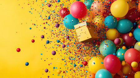 Gift box releasing a cascade of balloons and confetti in a joyful birthday party flat lay with bright colorsの素材