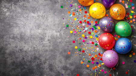 Gift box bursting with rainbow balloons and confetti scattered across a flat surface, evoking birthday party excitementの素材