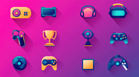 Gaming and virtual reality icons showing controller, VR headset, joystick, and trophyの素材