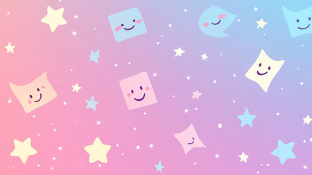 Gradient background with smiling icons and sparkles in pastel shadesの素材