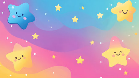 Gradient background with smiling icons and sparkles in pastel shadesの素材