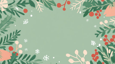 Green background with minimalist Christmas icons and snowflakes forming festive frameの素材