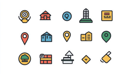 Group of various pin icons showing different travel and location categoriesの素材