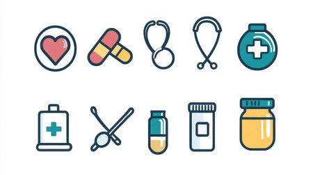 Medical and healthcare icons showing stethoscope, heart rate, pill bottle, and hospitalの素材