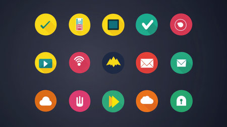Modern web icons with vibrant colors including download, upload, and network symbolsの素材
