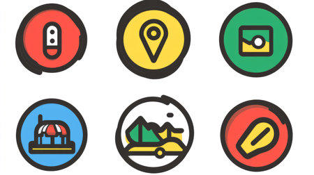 Round location icons in different colors representing various destinationsの素材