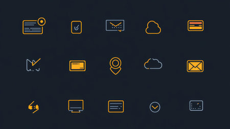 Minimalist black web icons set with thin line style, showing browser, cloud, and URLの素材
