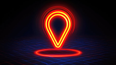 Neon location marker icon glowing on a dark background with grid linesの素材