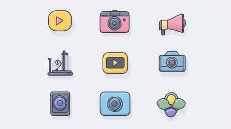 Multimedia content icons including play, pause, camera, microphone, and volumeの素材
