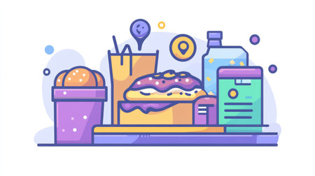 Restaurant and food delivery icons with tray, menu, location pin, and food boxの素材