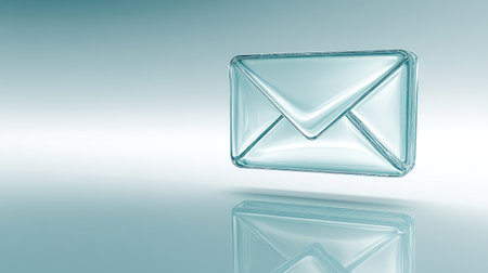 Shiny transparent email icon floating over a light blue background with reflectionsの素材