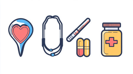 Medical and healthcare icons showing stethoscope, heart rate, pill bottle, and hospitalの素材