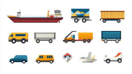 Transportation mode icons with ship, train, truck, plane, and carの素材