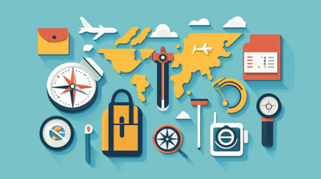 Travel and map icons with compass, airplane, GPS, and travel bag illustrationsの素材