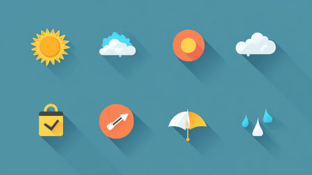 Weather icons in flat style showing sun, rain, cloud, storm, and temperatureの素材