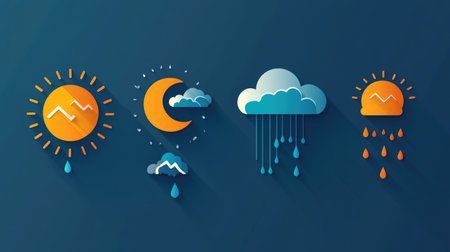 Weather icons in flat style showing sun, rain, cloud, storm, and temperatureの素材