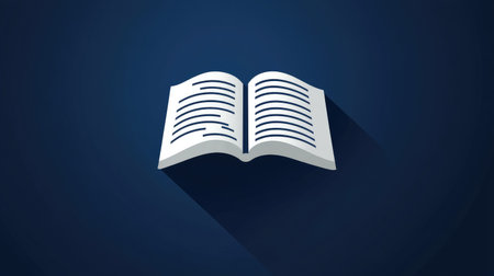 White icon of book on dark blue background with long shadow for minimalist themeの素材