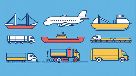 Transportation mode icons with ship, train, truck, plane, and carの素材