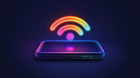 Wireless phone signal icon combined with mobile outline in tech-style vectorの素材