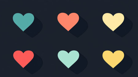 Vector pack of heart icons in different colors and styles, flat design on clean backgroundの素材