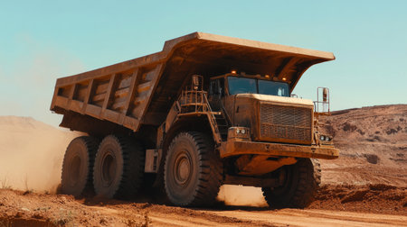 Articulated dump truck moving uphill carrying large load of excavated earthの素材