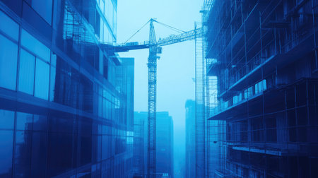 Blue skyline with elevated crane arm and half-constructed building coreの素材
