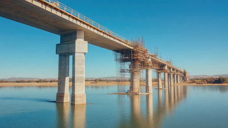 Bridge under construction with visible support columns and scaffolding over water bodyの素材