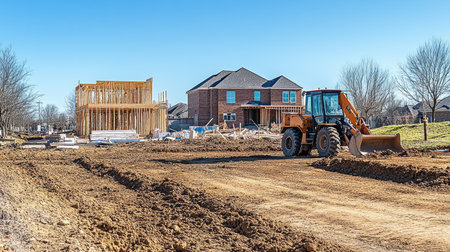 Backhoe loader parked on dirt road beside partially completed foundationの素材