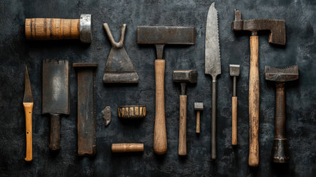 Builder's tools placed symmetrically on black concrete background for flat layの素材
