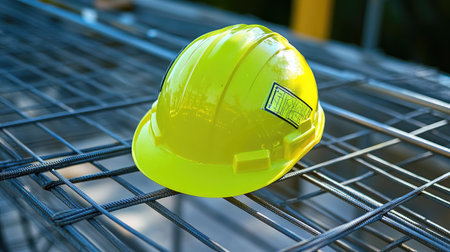 Bright yellow hard hat and reflective vest placed on metal scaffold at secure construction siteの素材