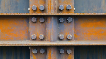Close-up of bolt fastened steel beams intersecting in under-construction modern buildingの素材