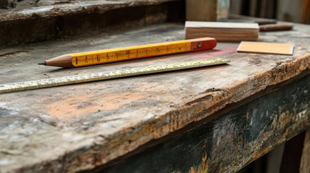 Builder's bench with measurement rulers, carpenter's pencil, and sandpaperの素材