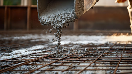 Close-up of concrete mixer truck pouring fresh cement into formwork near steel rebar grid on construction siteの素材