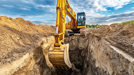 Bright yellow excavator digging deep trench on construction site, with dirt and gravel piles in backgroundの素材