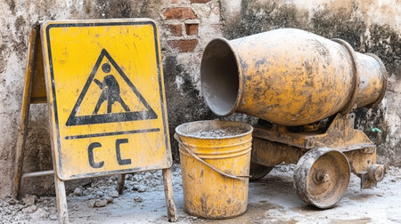 Caution sign and bucket of cement near concrete mixer on job siteの素材