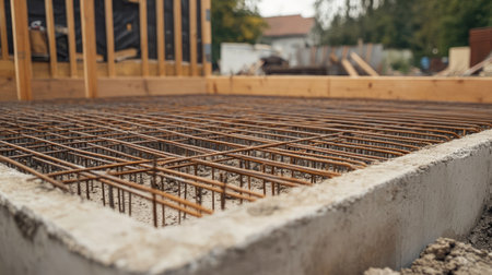 Close-up of rebar foundation grid prepared for concrete pouring at early-stage building siteの素材