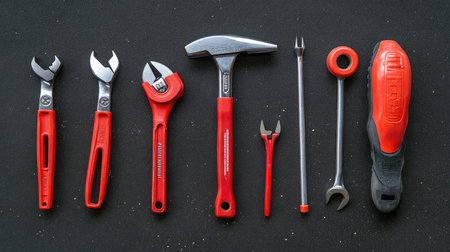 Builder's tools placed symmetrically on black concrete background for flat layの素材