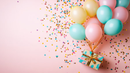 Colorful latex balloons and metallic confetti flying out of a birthday gift box, captured from above with party decorations aroundの素材