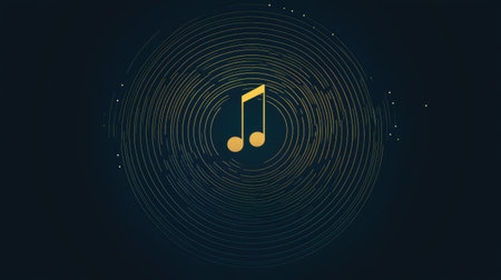 Floating note icon with waveform and concentric circle sound wavesの素材