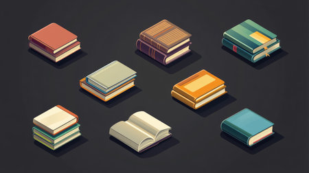 High-resolution flat book icon pack with various poses open, closed, stackedの素材