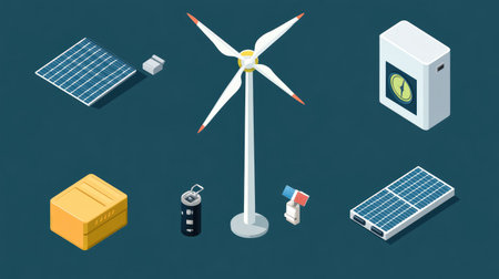 Renewable energy system icons with windmill, solar inverter, grid, and batteryの素材