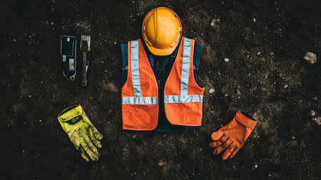 Flat lay of construction safety gear with orange vest, gloves, and hard hatの素材