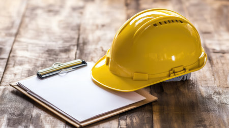Hard hat with reflective tape placed on top of work order clipboardの素材