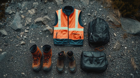 High-visibility vest, safety harness, and boots arranged neatly on gravel surfaceの素材