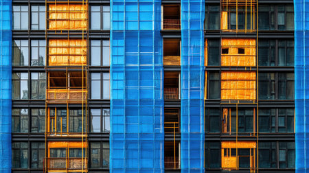 High-rise building with exterior insulation layers applied and windows yet to be installedの素材