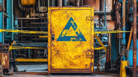 Hazardous materials cabinet placed inside cordoned-off safety zone on siteの素材