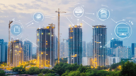 High-rise build in progress with connected tech symbols for AI, cloud access, and environmental monitoringの素材