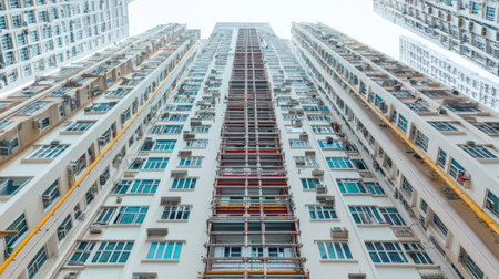 High-rise with temporary elevator scaffold along building faade for transporting materials up floorsの素材