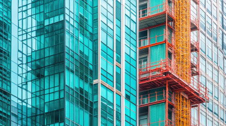 High-rise with temporary elevator scaffold along building faade for transporting materials up floorsの素材